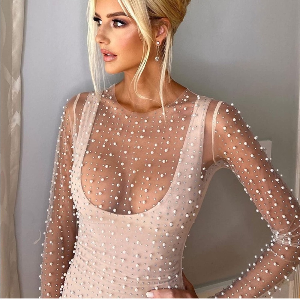 Sheer Pearl cover up rhinestone mesh mini dress